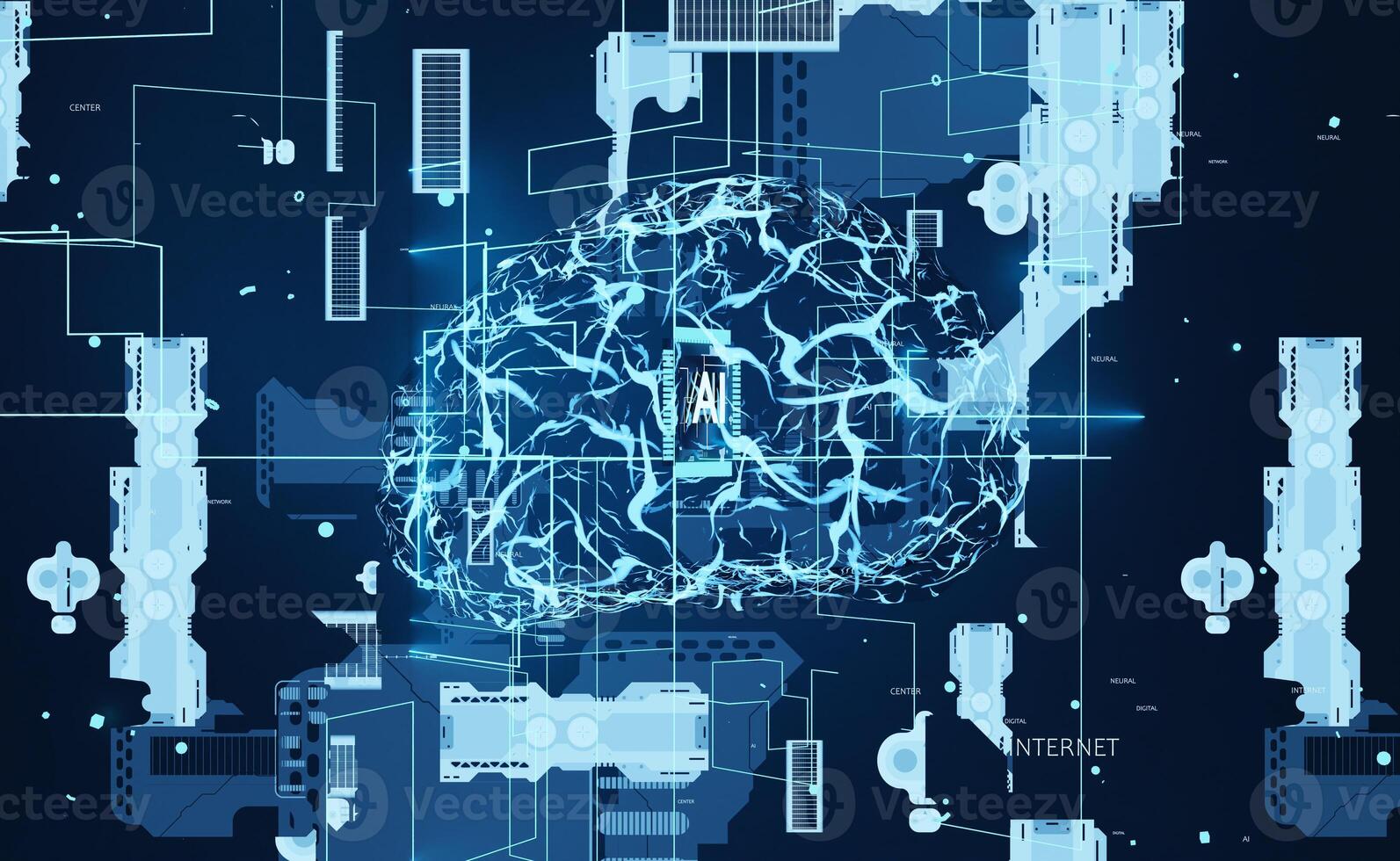 Artificial Intelligence enabling computers to replicate human brain functioning. Machine learning algorithms used to do computational operations based on data pattern recognition, 3D render animation photo