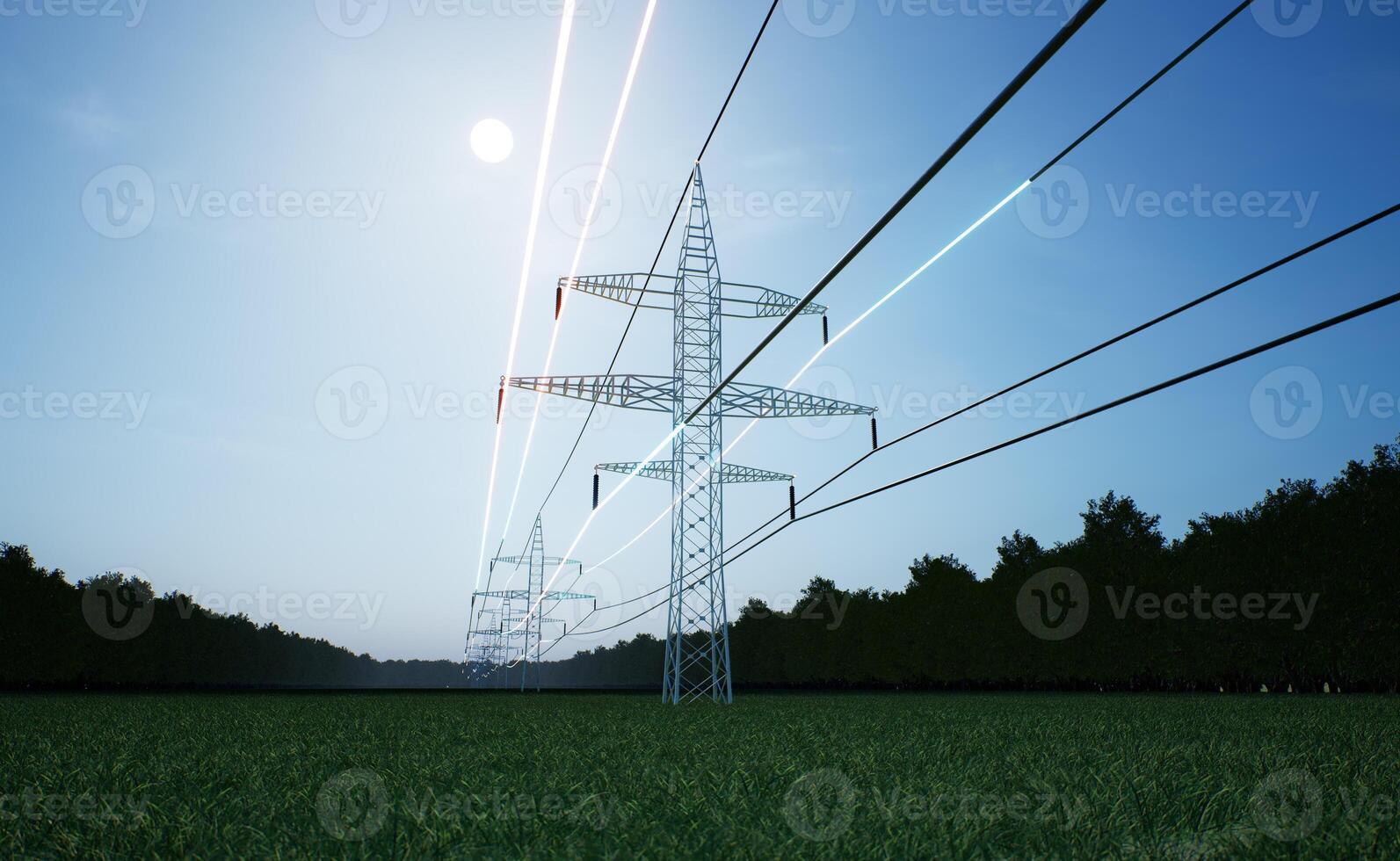 Visualization of energy travelling through industrial power tower high voltage wires over blue sky. Transmission tower electricity obtained from sustainable sources, 3d render animation photo