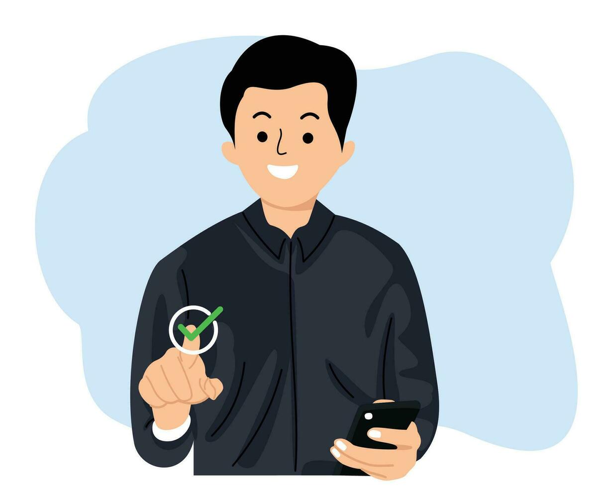 young man holding a cellphone with a virtual checklist illustration vector