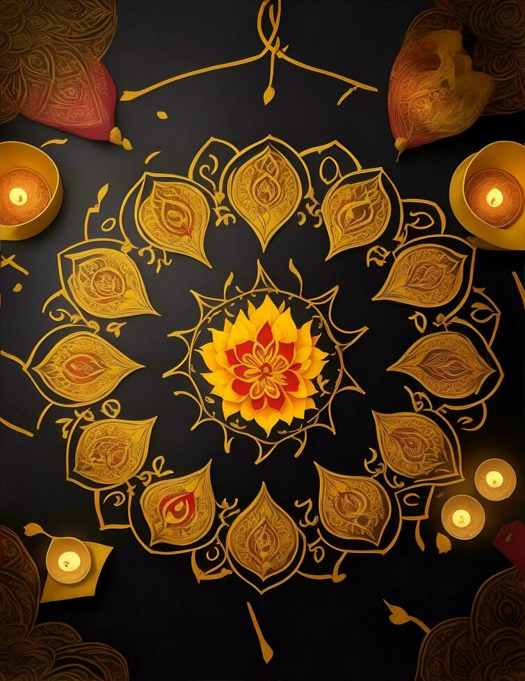 Indian festival Diwali background with diya, lamps and flowers by ai generated photo