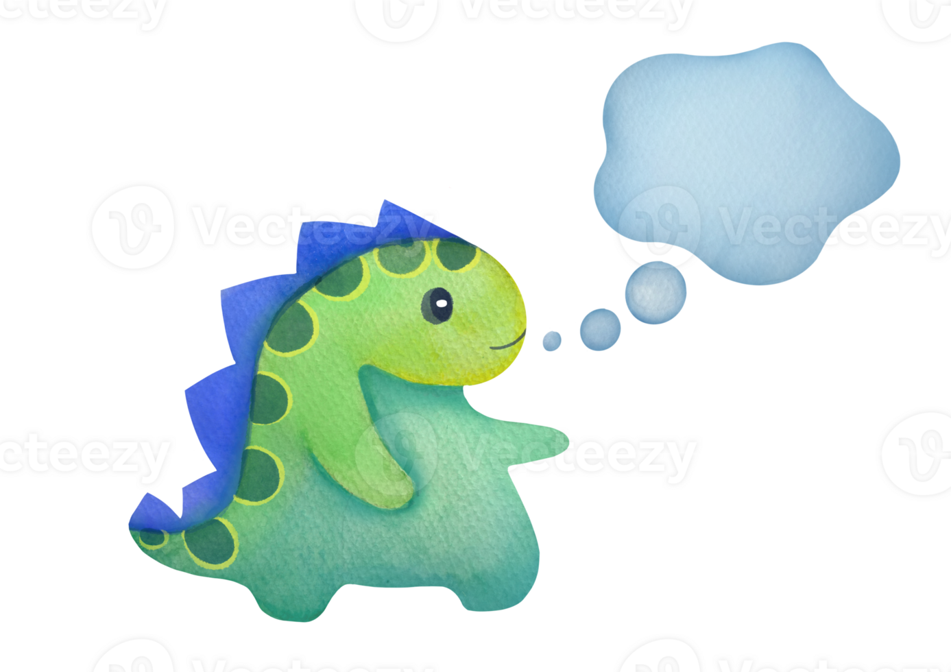 cut out talking dinosaur in watercolor style, dialog cloud with empty copy space. Clipart speech bubbles with stains and children's cute character. dialogue, thoughts, idea on transparent background png