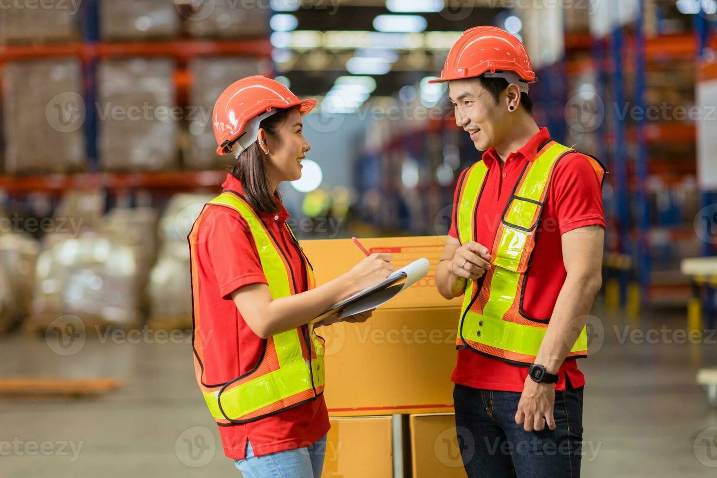 Asian factory warehouse staff worker enjoy working together. Cargo inventory shipping logistics team work photo