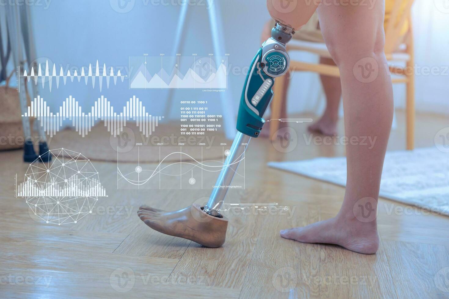 moderno tecnología en protésico pierna para invalidez gente. robótico artificial rodilla articulación biónico miembro con datos sensor cubrir gráfico foto