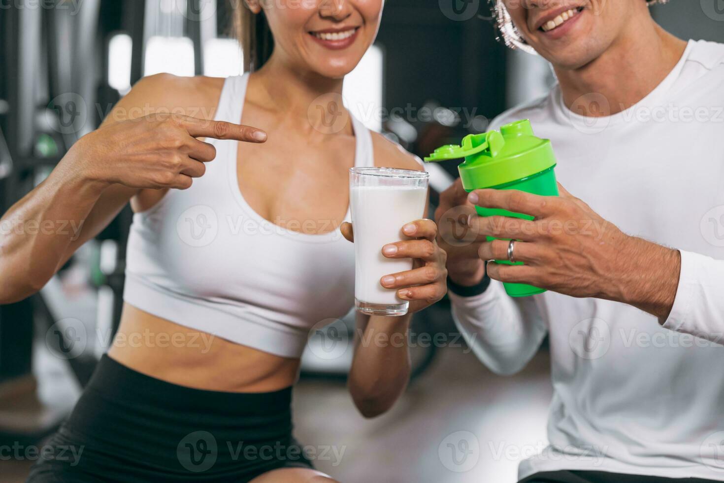 sport healthy people show compare milk and whey protein shake are good beverage food meal for gain mass body muscle bodybuilding photo