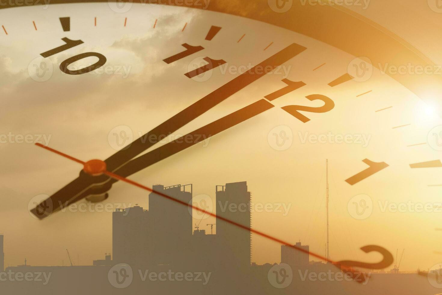 Time clock afternoon overlay city building for business times working hours concept. photo