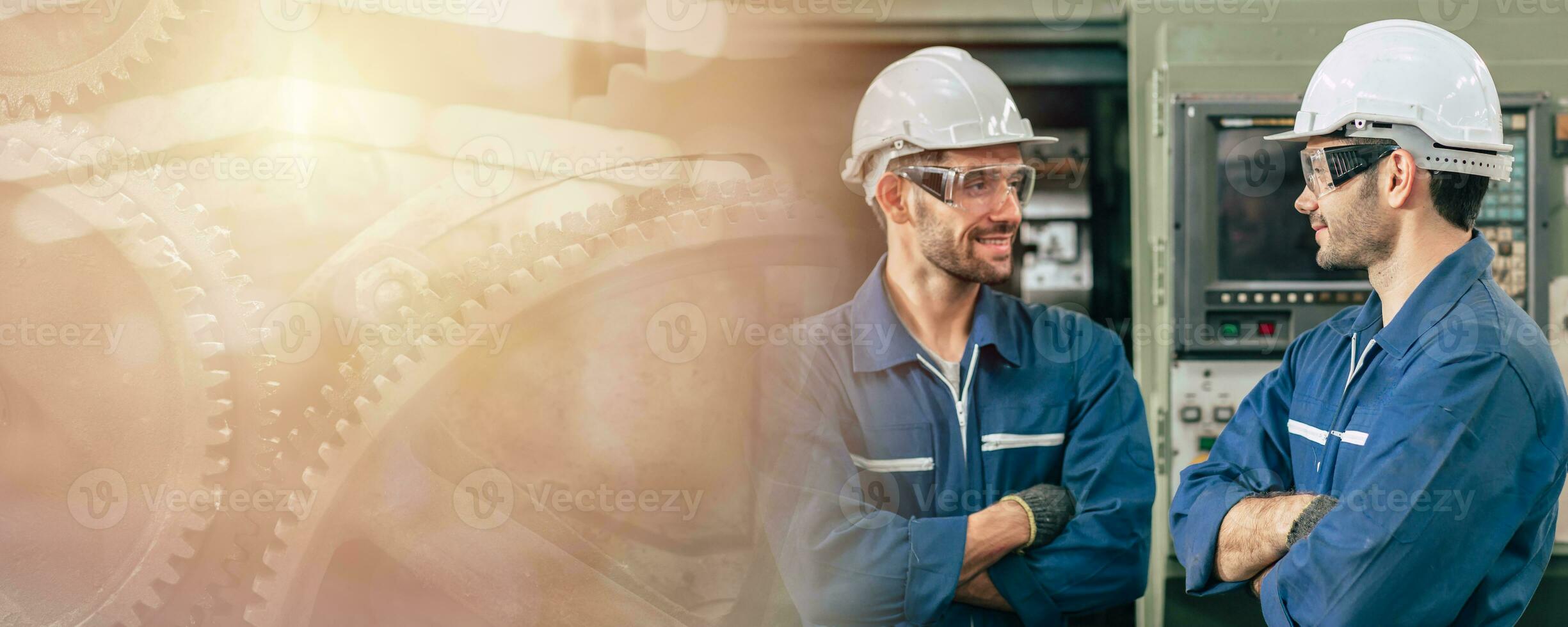 Engineer team worker banner, machine maintenance service staff, professional training industry factory worker wide banner copy space background. photo