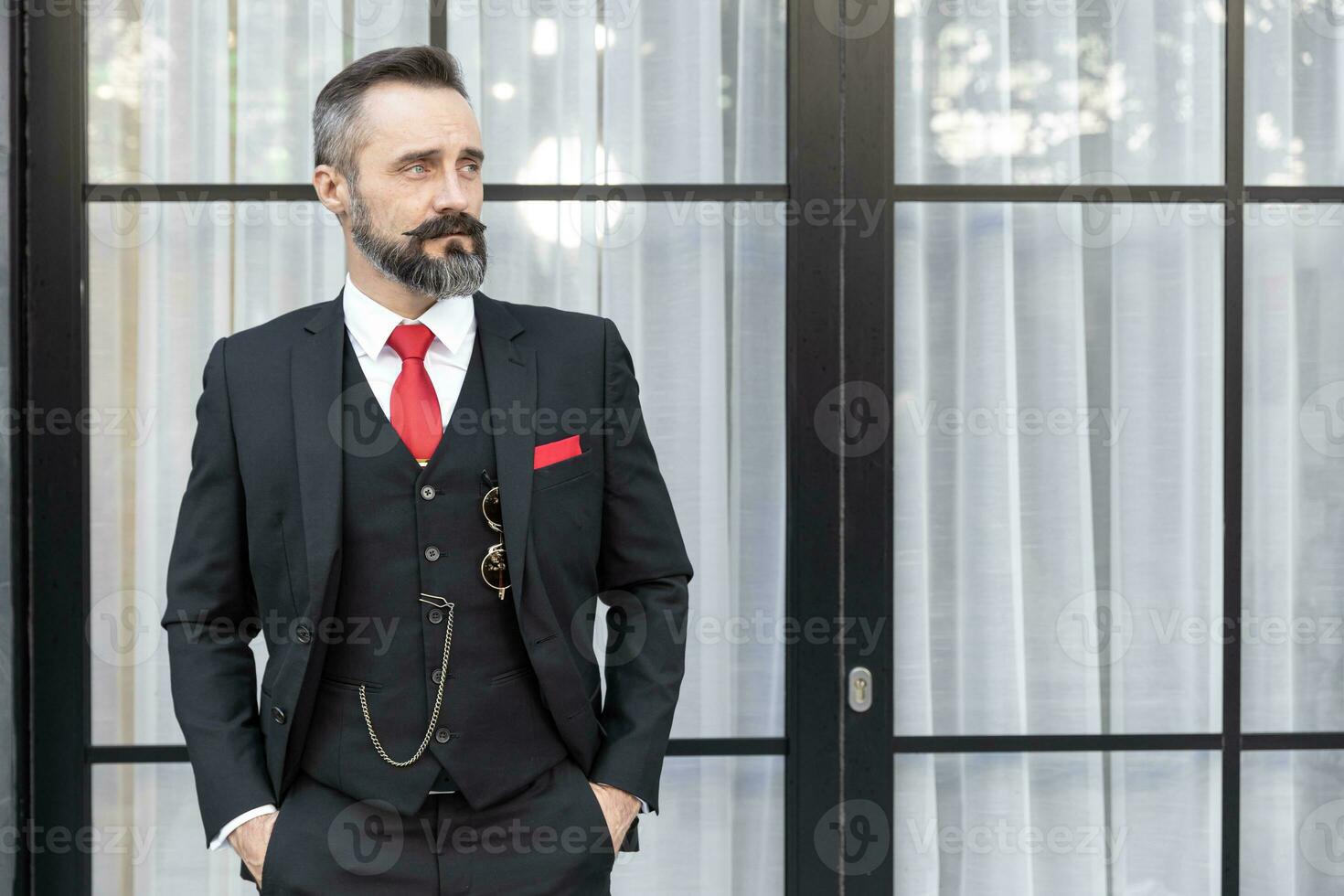 Portrait hispanic latin moustache gentlemen fashion stylish dressing tuxedo jacket suit smart handsome model. Business man boss lawyer latino standing. photo