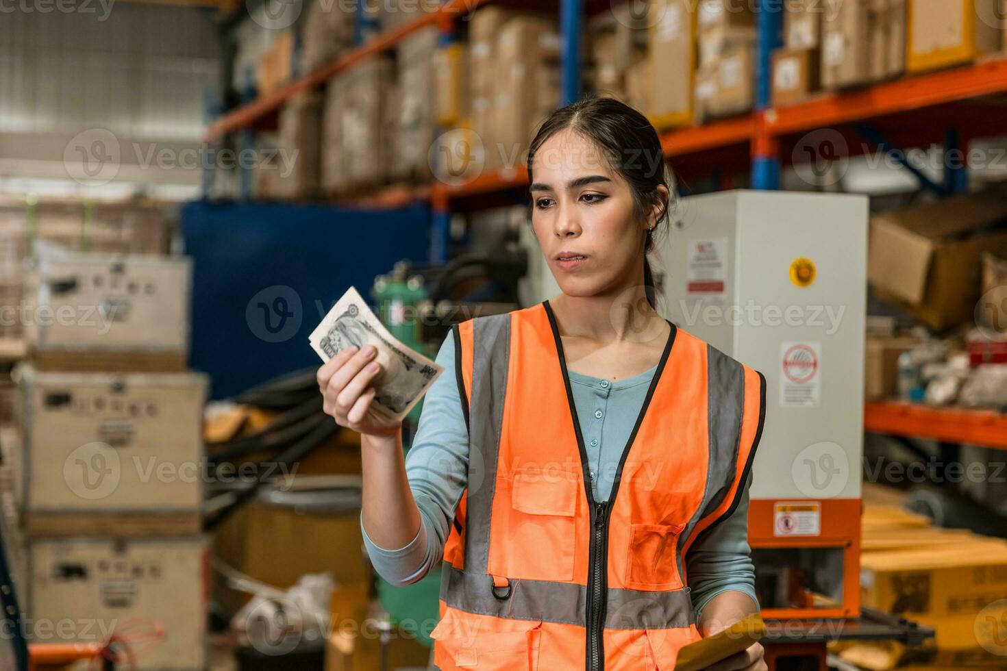 Warehouse factory engineer woman worker receive low cut salary decrease serious boring feel bad after see her unfair cash money wage income photo