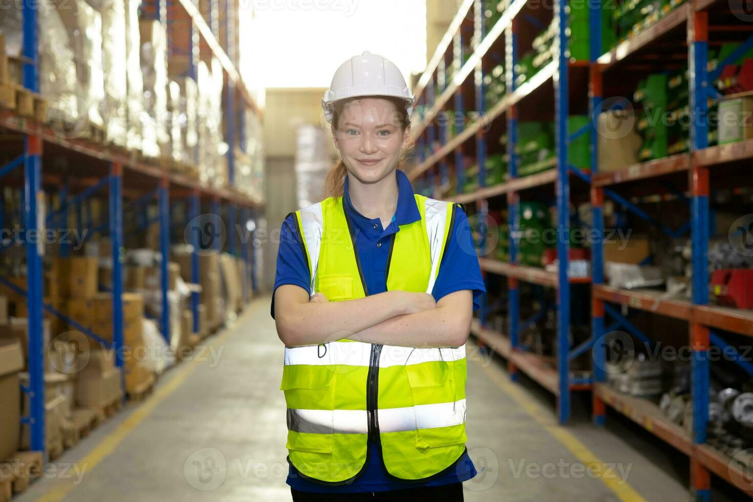 portrait happy young women warehouse worker working in products shipping storage cargo store photo