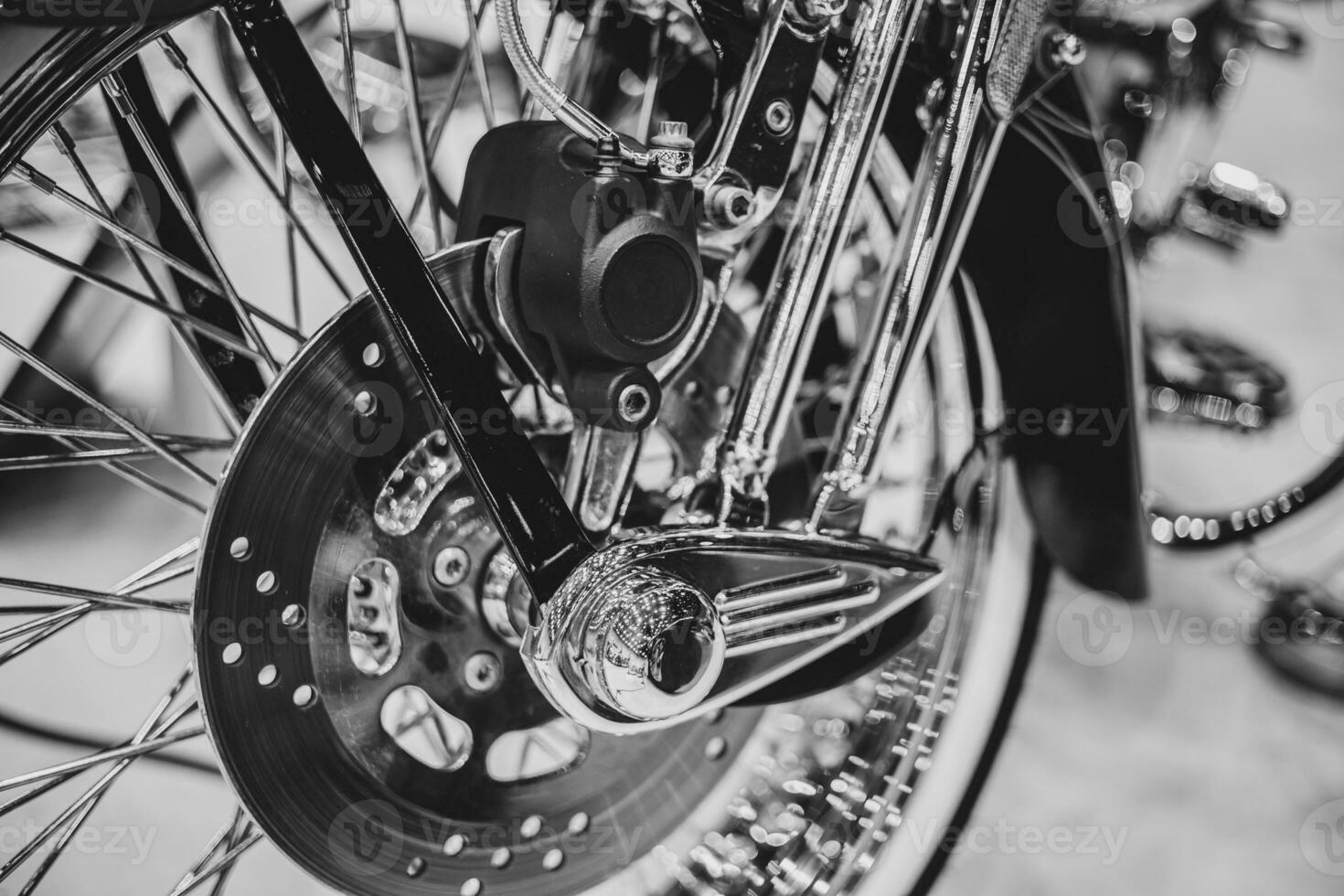 Motorcycle Chopper Chrome Front Wheel Disc Brake Custom Caliper Black and White Art photo