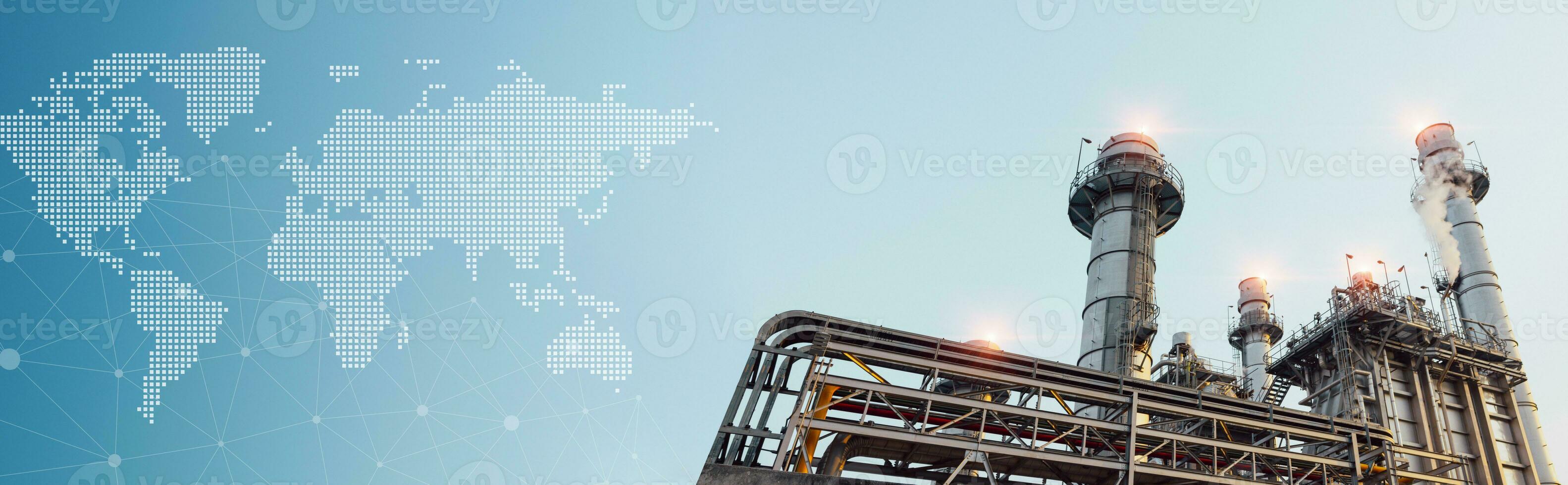 modern fuel gas power plant petroleum or petrochemical  factory with global map wide for world energy production concept banner photo