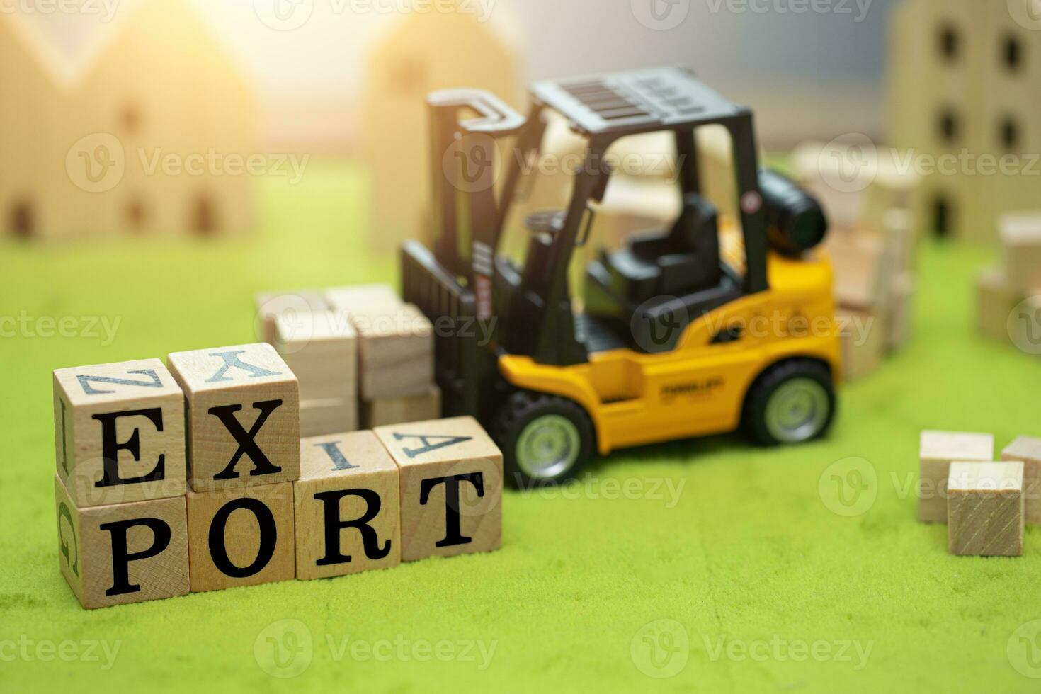 forklift truck with wood block with word EXPORT toy decoration for export shipping cargo concept photo