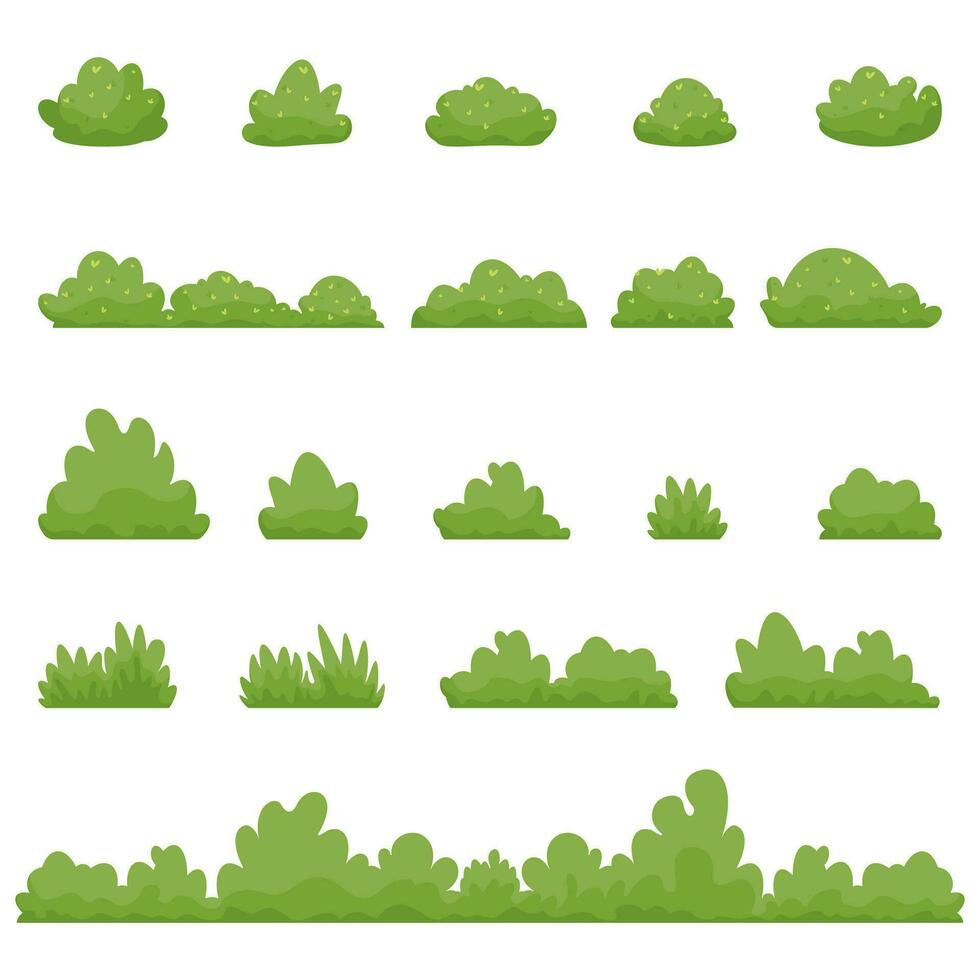 arbustos y verde tupido plantas dibujos animados. arbusto de diferente formas parque plantas colocar. vector plano dibujos animados ilustración aislado en blanco