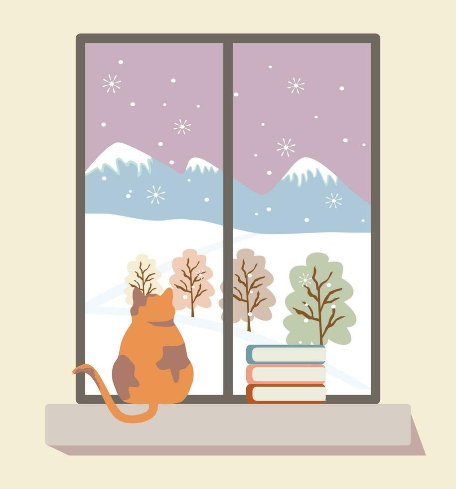 Fat cat with a pile of books on the right side enjoying the outdoor view of the winter landscape from behind the window vector