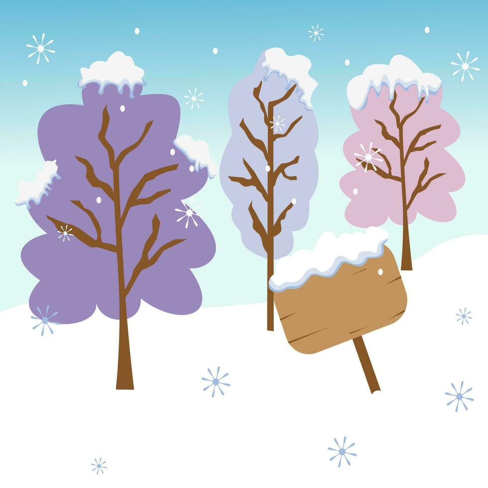 Trees and wooden sign covered by snow in the winter seasonal with the snow flake falling down. flat vector illustration in wintertime.