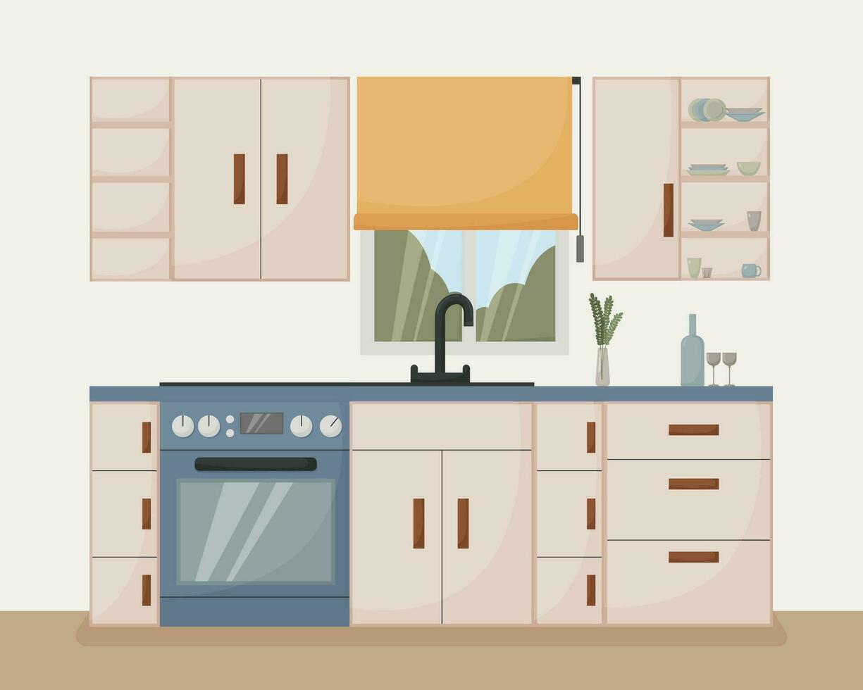 modern kitchen interior, flat style, furniture, dishes, appliances, stove, wine glasses, mug, window, vector illustration