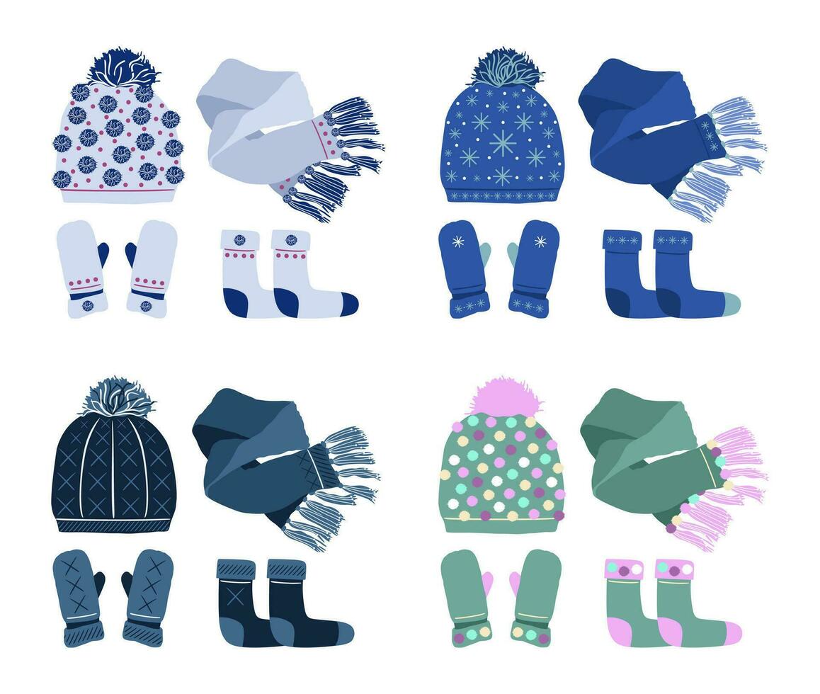 Winter clothes set. Socks, scarf, mittens and hat. Vector flat illustration. Isolated on white background.