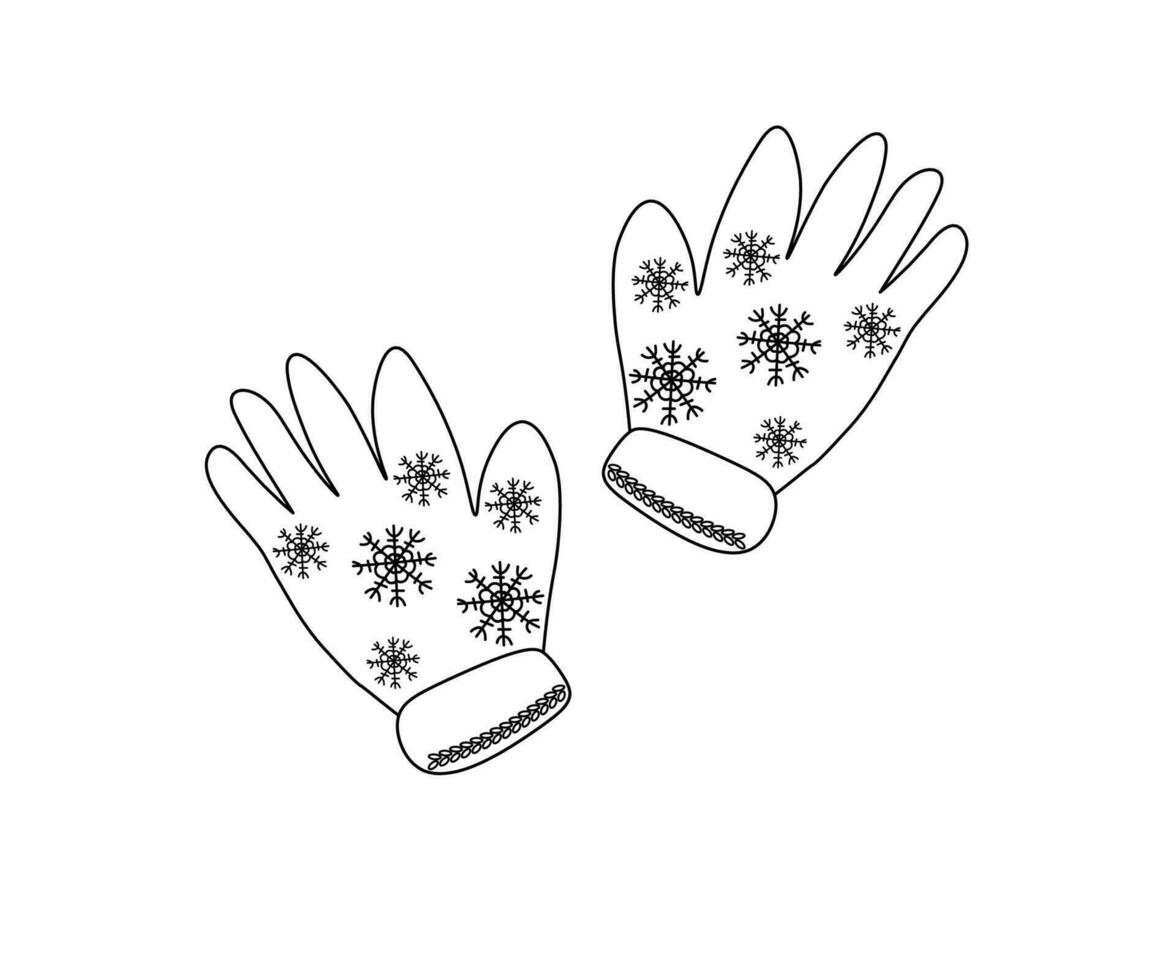 black and white warm gloves,mittens isolated on a white background. Doodle, one line vector