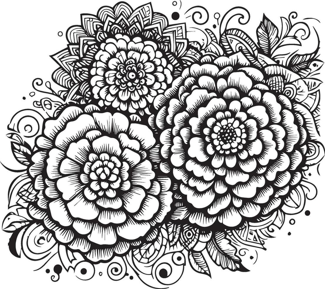 Doodle flower bouquet of line art, lovely design. Easy sketch art of marigold flower, line art bouquets of floral hand drawn illustration, doodle zentangle, tattooing drawing coloring page vector
