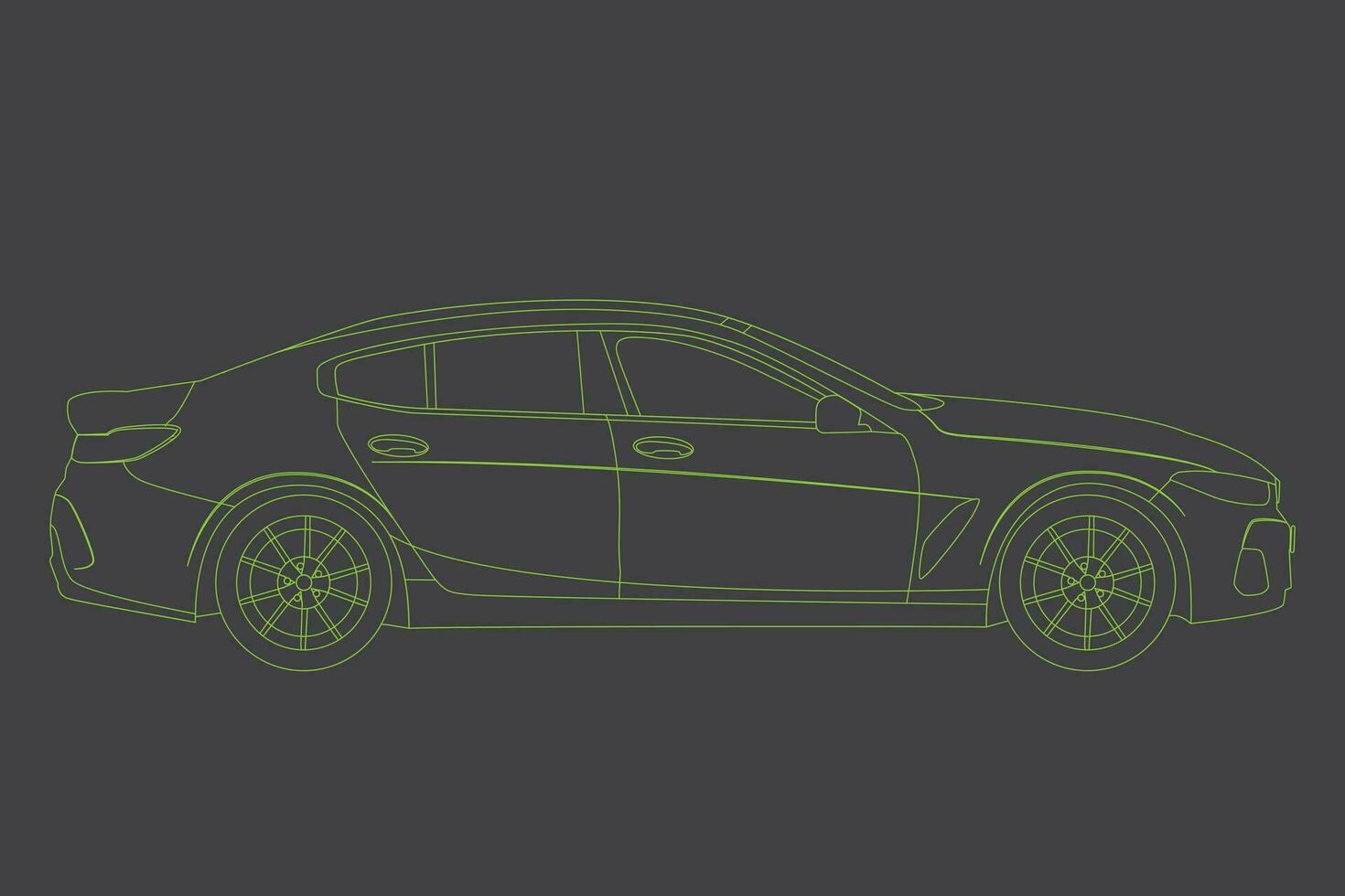 conjunto de moderno coche siluetas, lado vista. verde neón coche marco lado vista, bandera para márketing publicidad diseño. vector ilustración. aislado en negro antecedentes.
