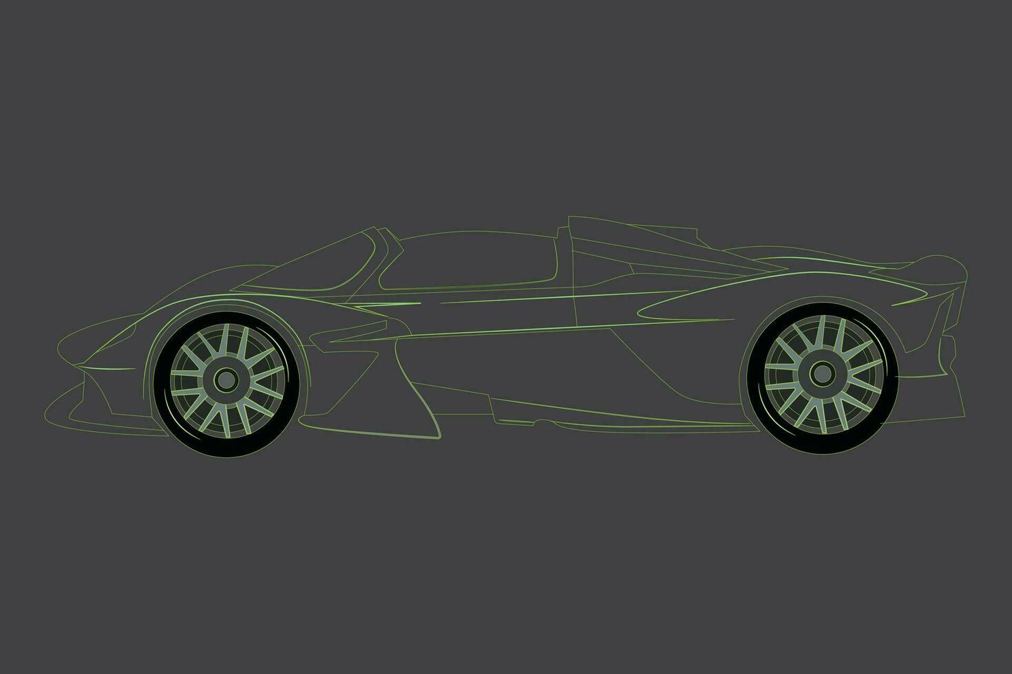 Green neon glowing in the dark electric car with the concept of forming the car body. Fast EV silhouette. Vector illustration