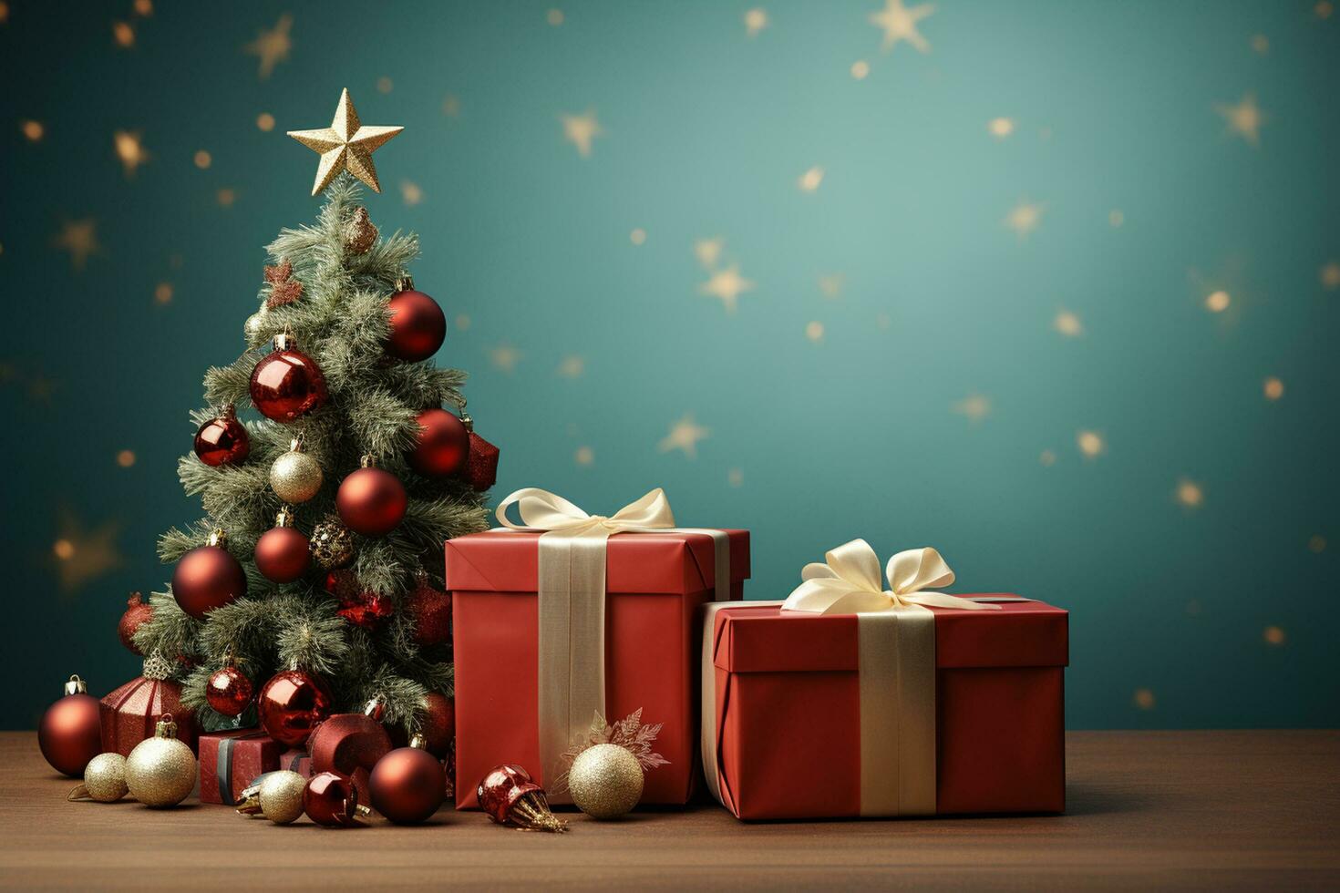 Ai Generative Background of christmas tree and red gift box on a christmas empty background with copy space photo