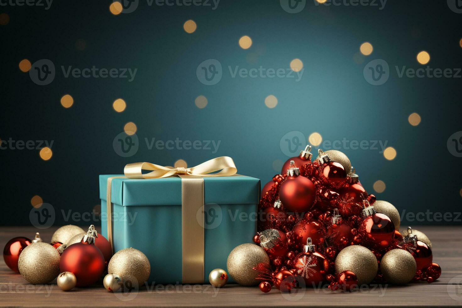 Ai Generative Background of christmas tree and red gift box on a christmas empty background with copy space photo