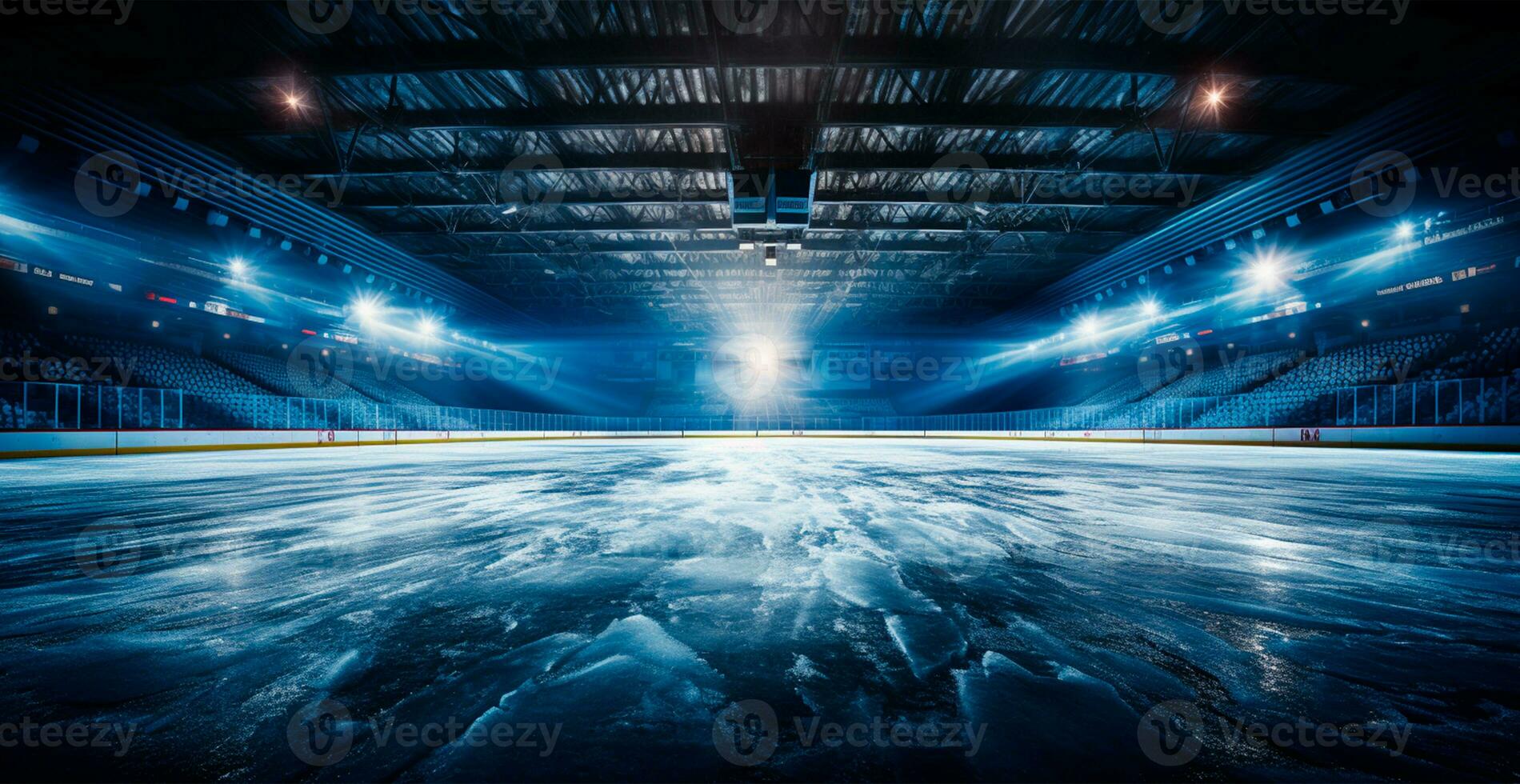 Hockey stadium, empty sports arena with ice rink, cold background - AI generated image photo