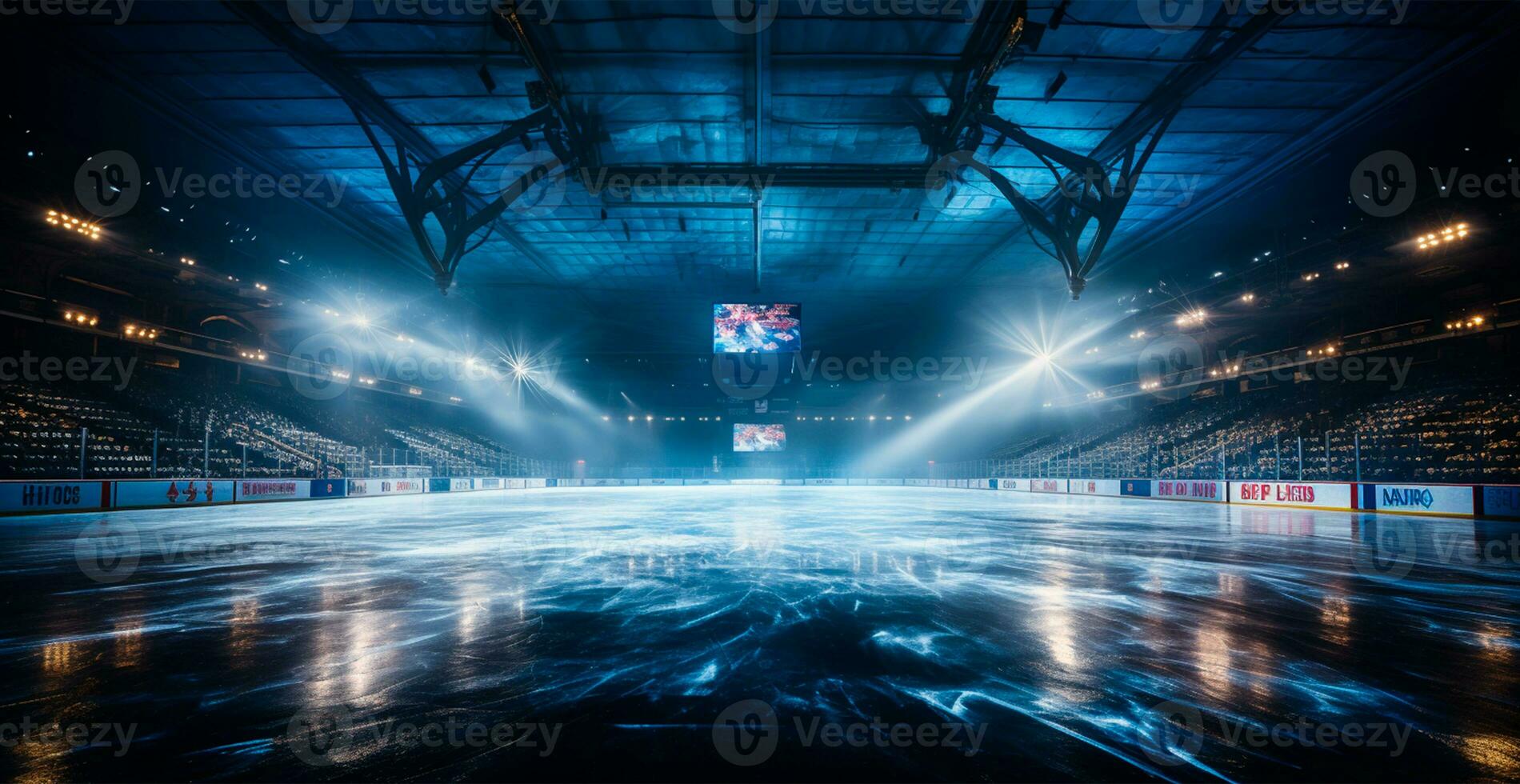 hockey estadio, vacío Deportes arena con hielo pista, frío antecedentes - ai generado imagen foto