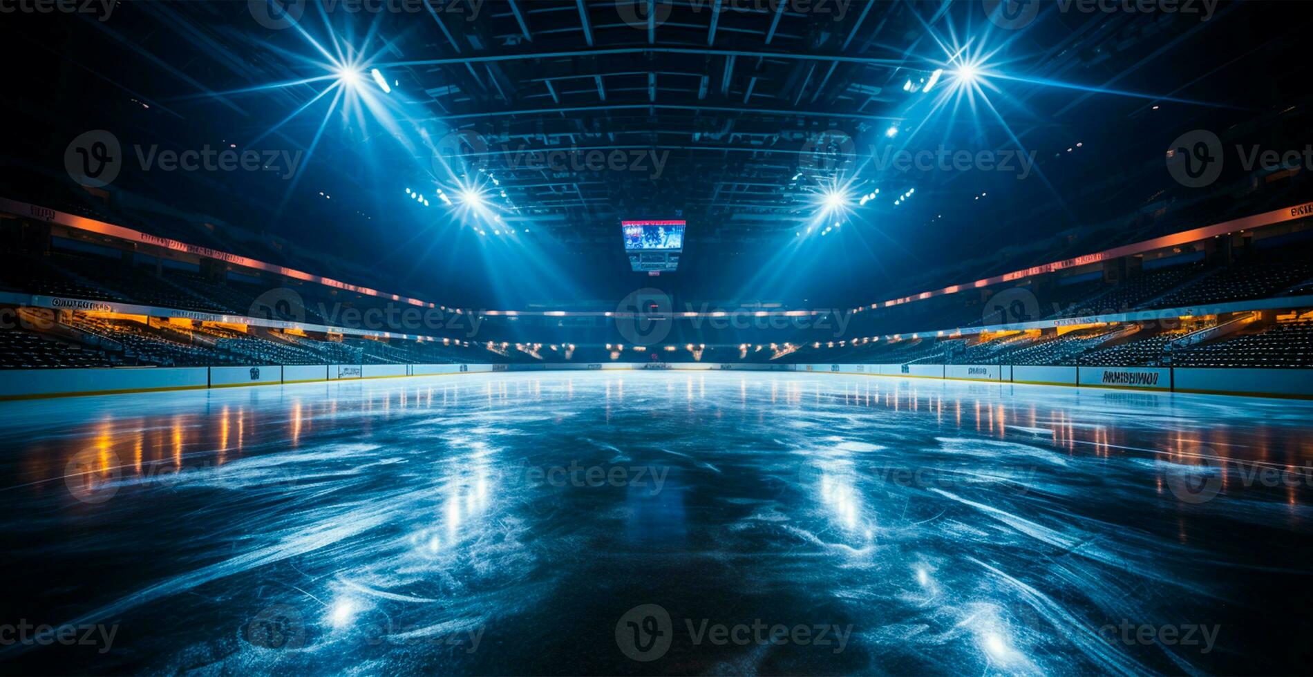 Hockey stadium, empty sports arena with ice rink, cold background - AI generated image photo