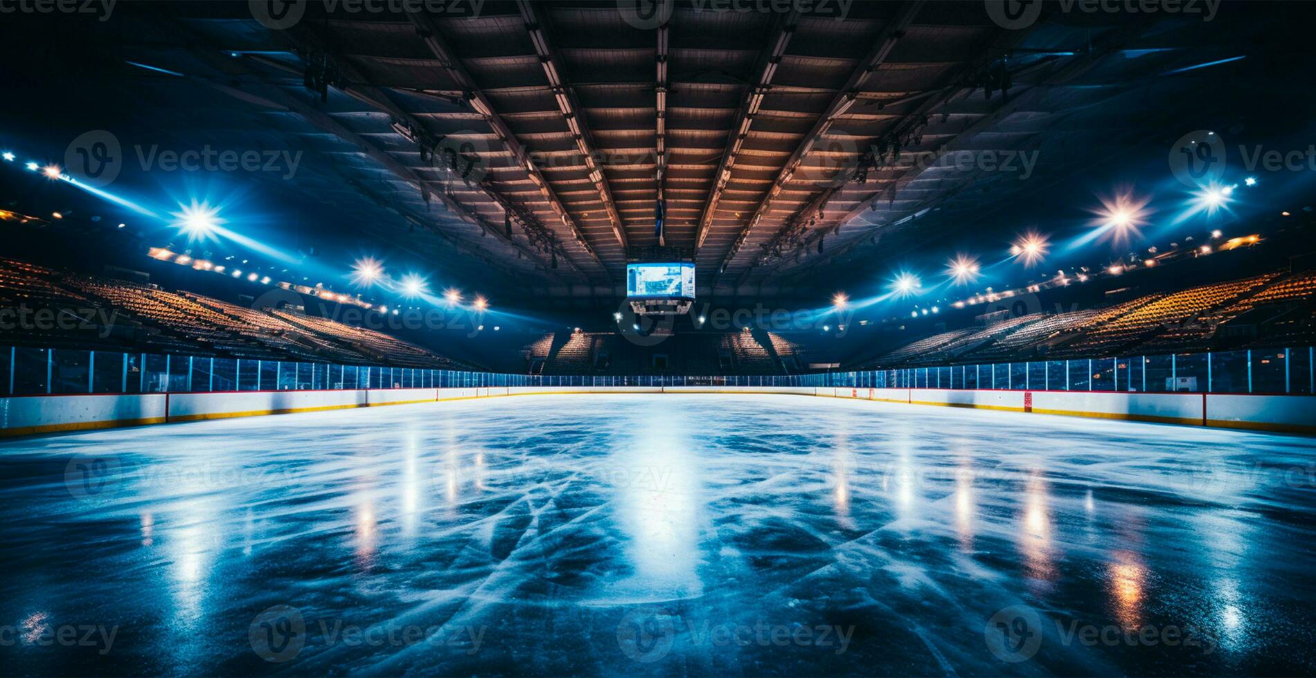 Hockey stadium, empty sports arena with ice rink, cold background - AI generated image photo