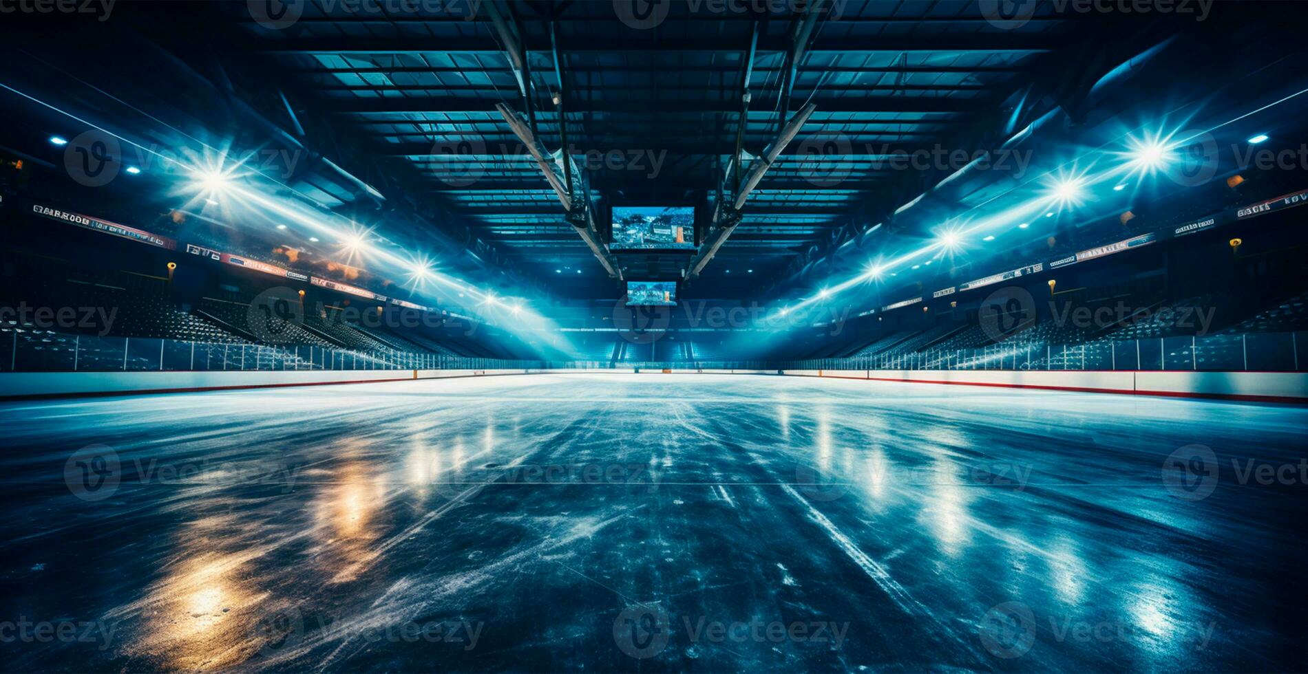 Hockey stadium, empty sports arena with ice rink, cold background - AI generated image photo