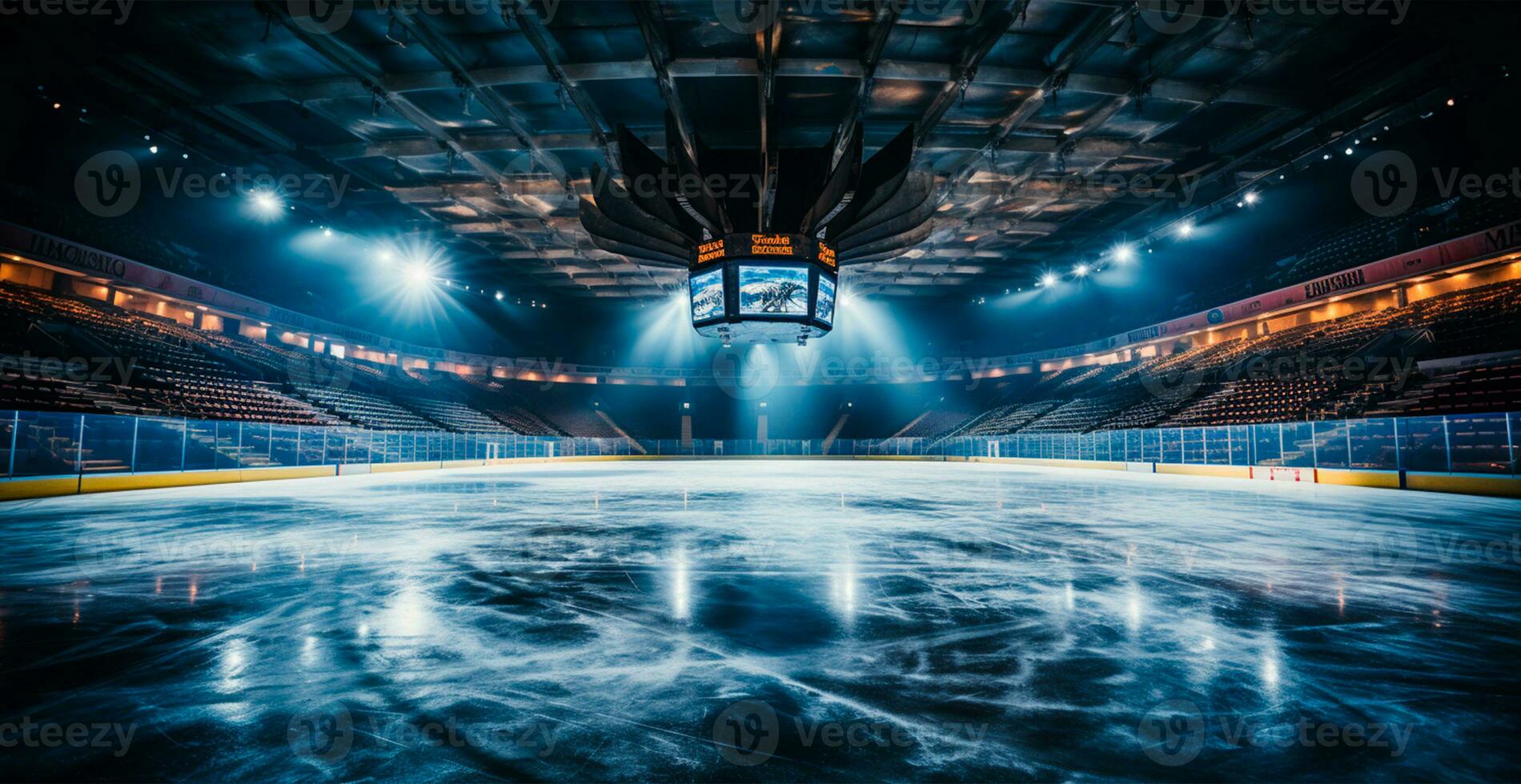 Hockey stadium, empty sports arena with ice rink, cold background - AI generated image photo