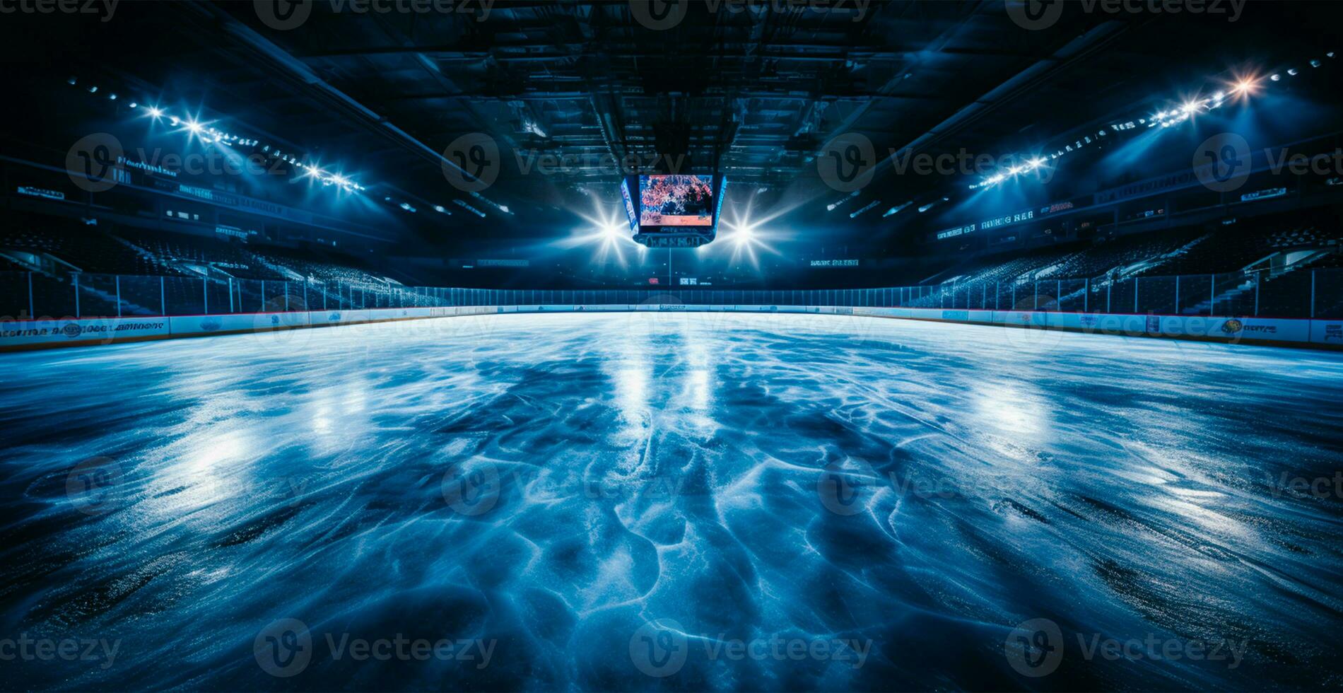 Hockey stadium, empty sports arena with ice rink, cold background - AI generated image photo