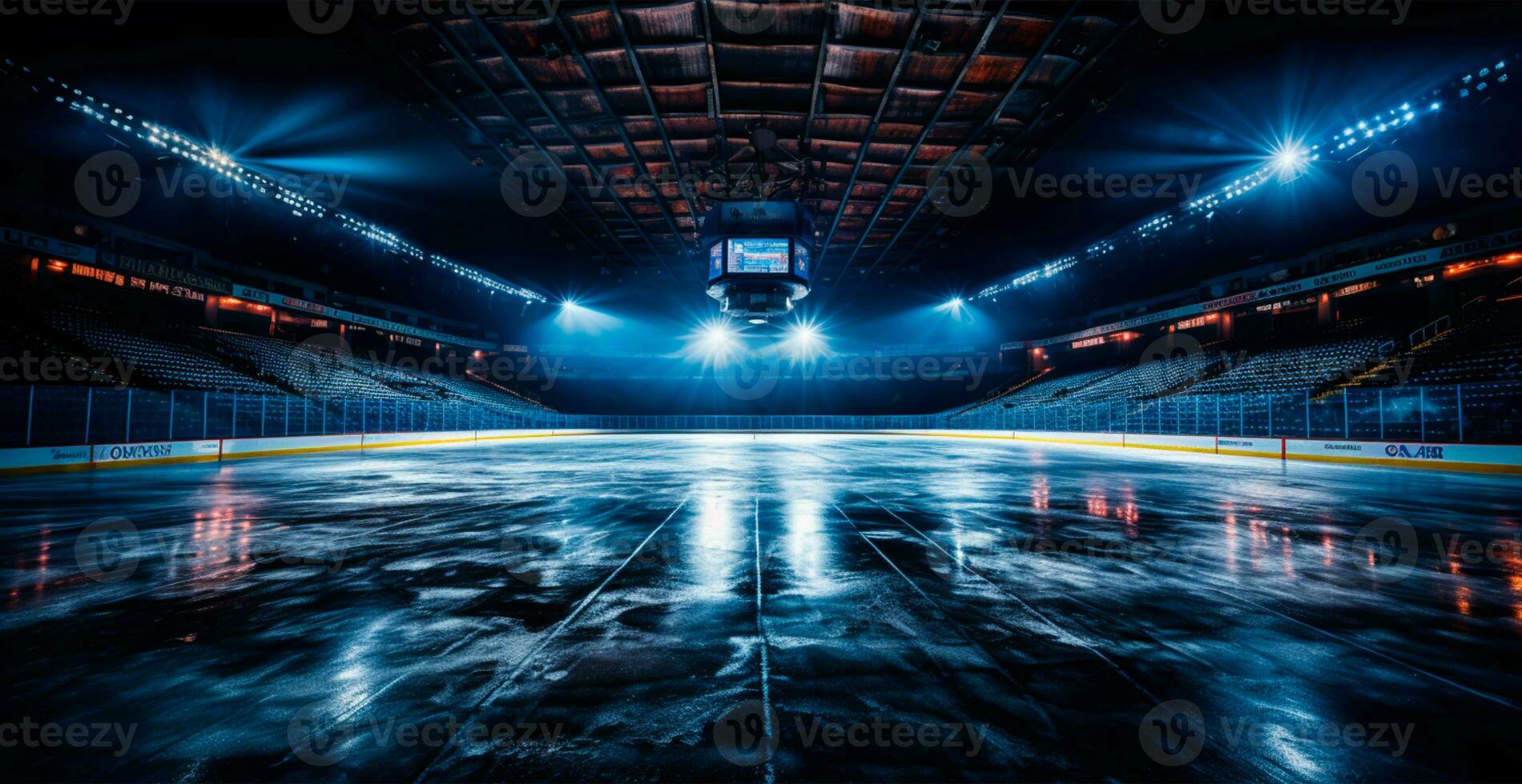 Hockey stadium, empty sports arena with ice rink, cold background - AI generated image photo