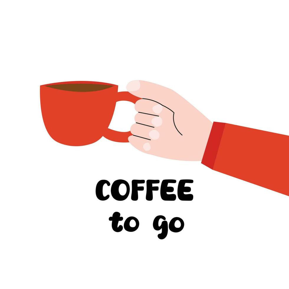 Isolated cartoon doodle illustration of coffee cup in hand. Hot drink to go cafe and restaurants. vector