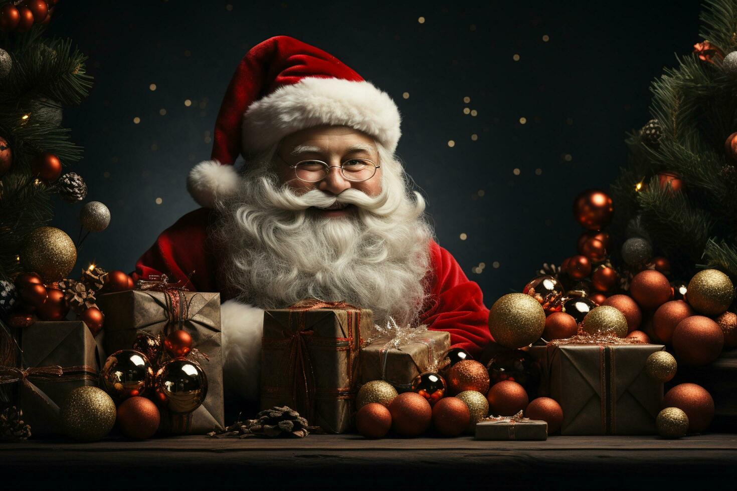 Ai Generative Christmas banner with copy space for text, santa claus celebrate with giftboxes, fir tree branches and red ornaments, dark color background photo