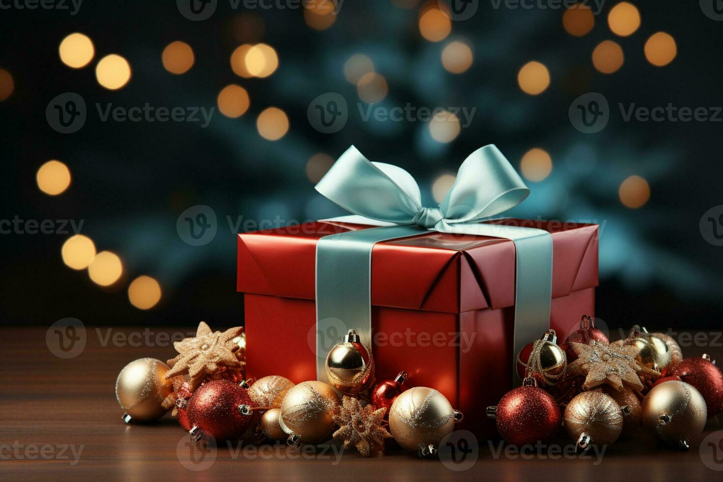 Ai Generative Background of christmas tree and red gift box on a christmas empty background with copy space photo