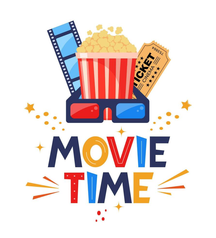 Movie time hand drawing lettering. Creative template for cinema poster, banner. Movie time concept with cinema elements. Vector illustration.