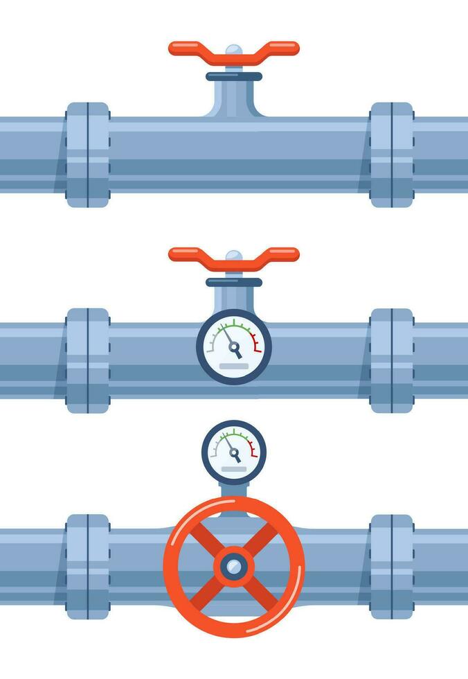 Pipe of water with valve and meter of pressure. Pipe elements. System of pipeline with valve and manometer for industry. Construction of steel tube. Vector illustration.