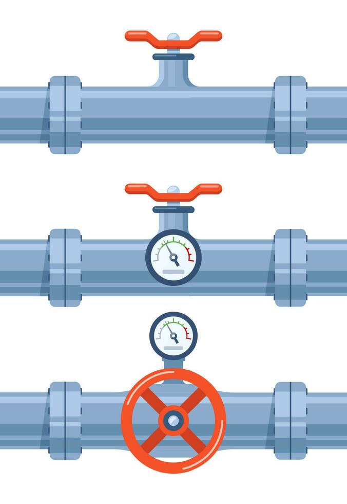 tubo de agua con válvula y metro de presión. tubo elementos. sistema de tubería con válvula y manómetro para industria. construcción de acero tubo. vector ilustración.