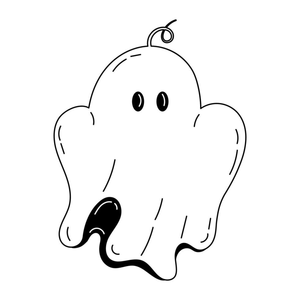Halloween ghost in outline doodle style. Flying Phantom. Halloween scary ghostly monster. Cute cartoon spooky character. Holiday Silhouette. Hand drawn trendy Vector illustration. Magic scary spirits