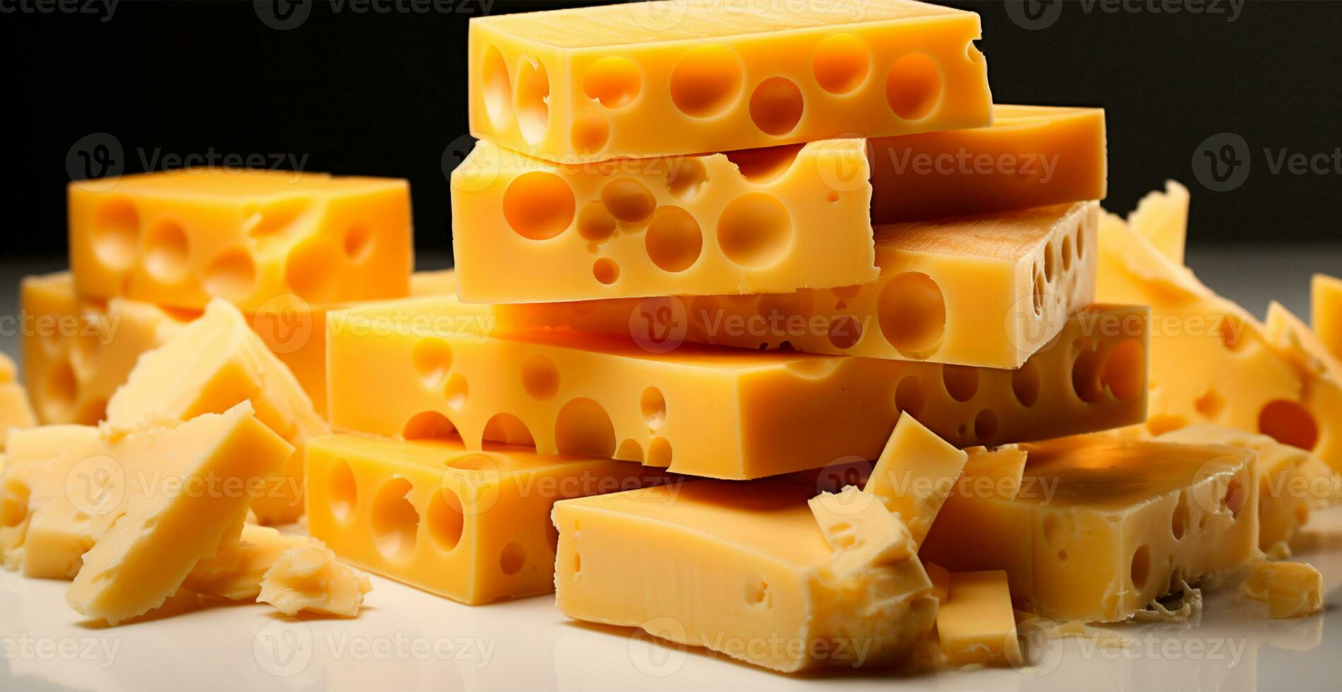 Yellow cheese cubes stacked in random order on a black background - AI generated image photo