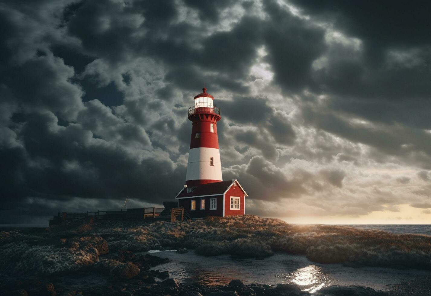 Ai Generative serene seascape featuring a picturesque lighthouse on the coast during a breathtaking sunset. photo