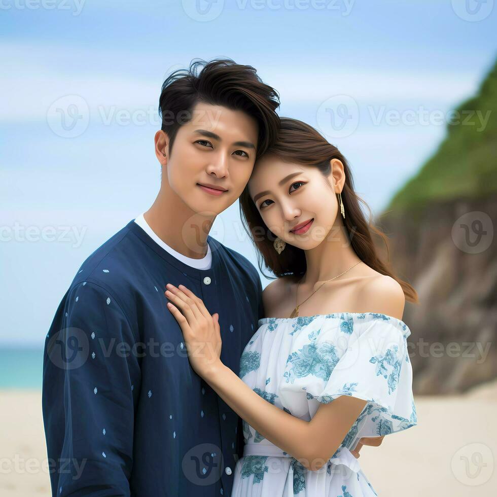 AI Generated couple photoshoot with blue beautiful background sitting on beach. Stylish couple posing while relaxing at vacation. photo