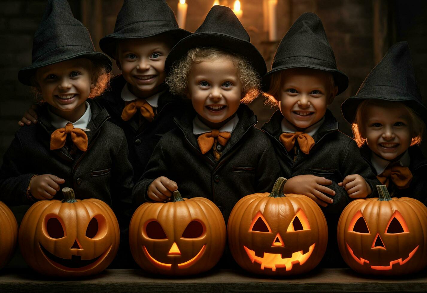 ai generativo grupo de niños en formal atuendo sentado en escalera con Víspera de Todos los Santos calabazas foto