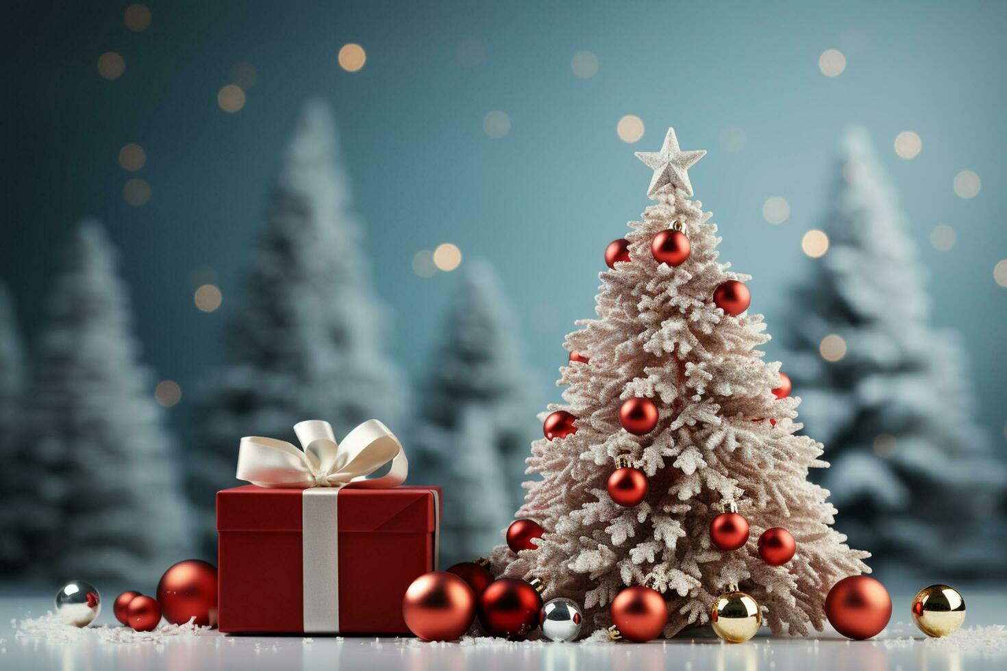 Ai Generative Background of christmas tree and red gift box on a christmas empty background with copy space photo