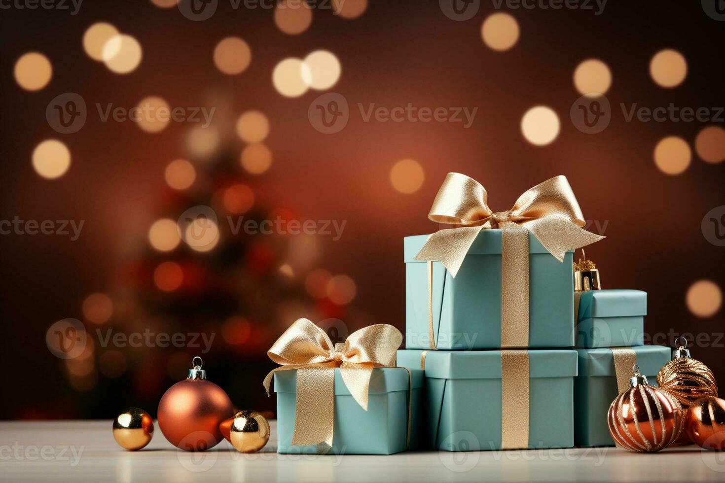 Ai Generative Background of christmas tree and red gift box on a christmas empty background with copy space photo