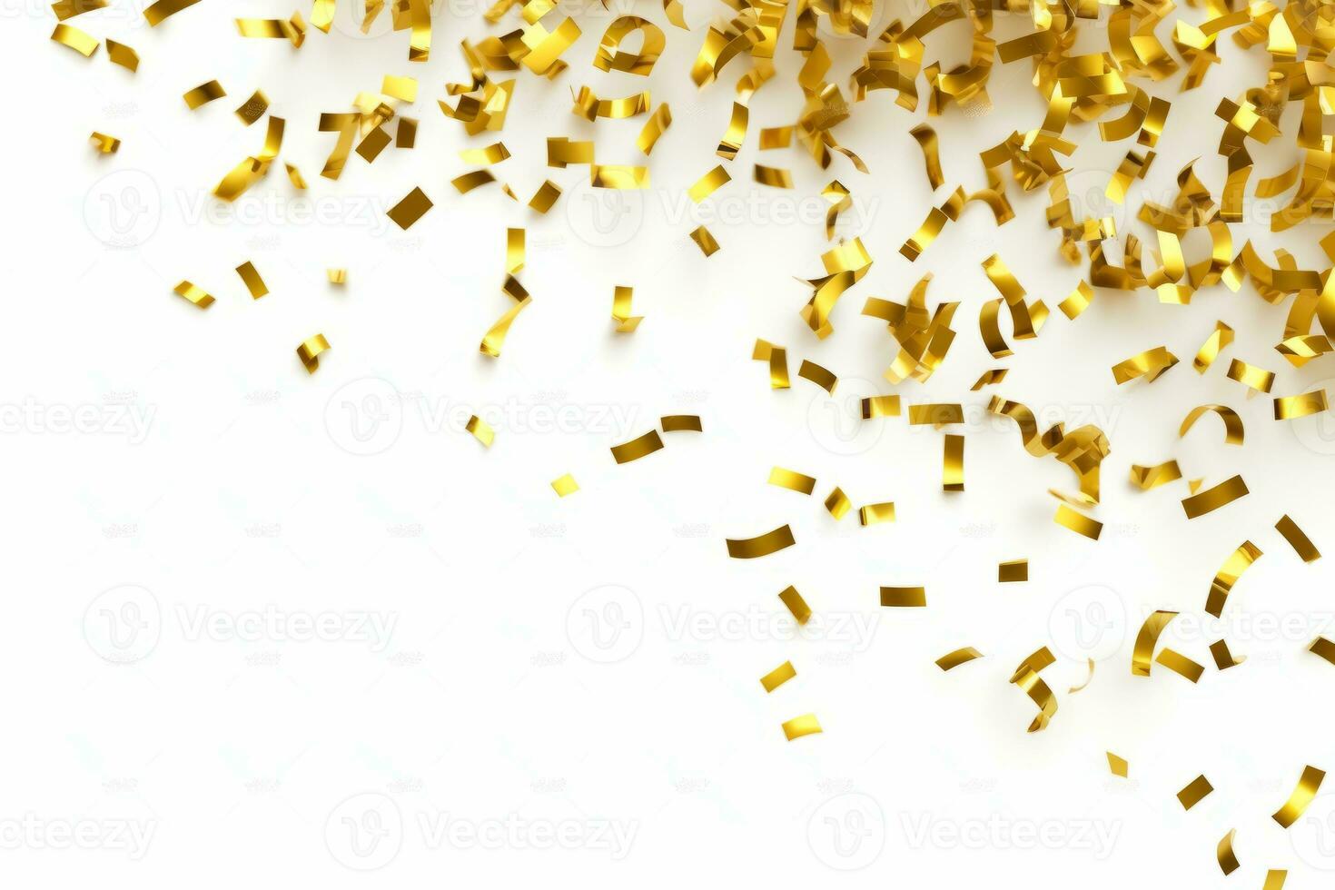 Gold confetti falling down in front of a white background. AI generated photo