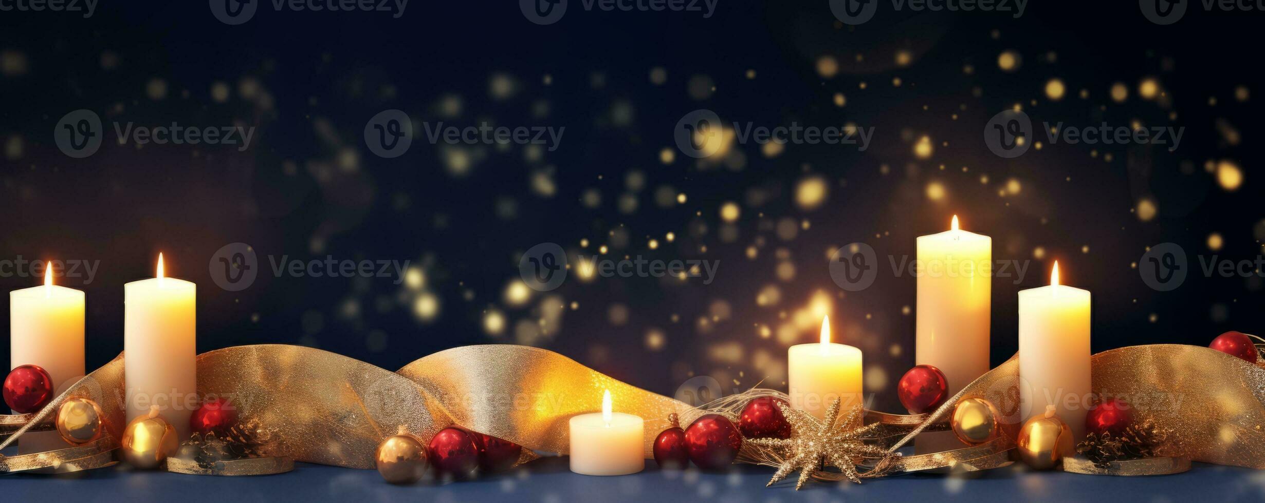 Several gold holiday candles lit up at night with glistening snow from the background. AI generated photo